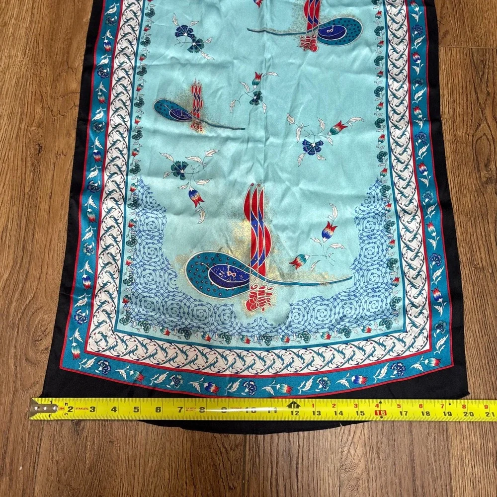 VTG Tilla 100% Silk floral Scarf shawl blue red made in Turkey 58x20 boho luxury